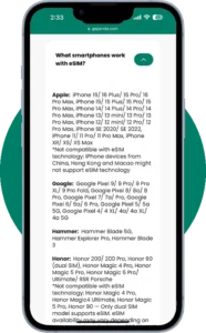 List of eSIM compatible smartphones on iPhone screen showing Apple, Google Pixel, Samsung, and other supported devices.