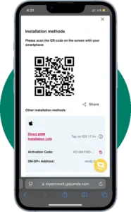 GePanda eSIM installation screen on iPhone showing QR code scan method, activation code, and manual setup options.