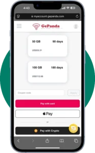GePanda eSIM checkout page on iPhone displaying 50GB and 100GB plans with card, Apple Pay, and crypto payment options.