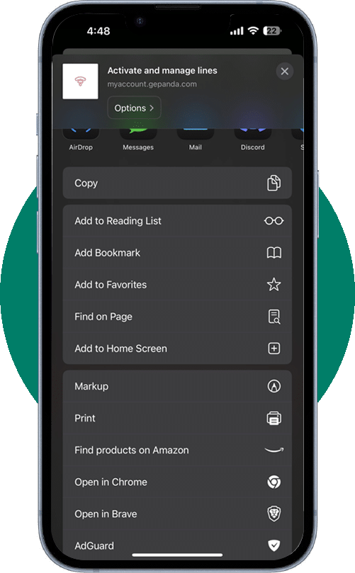 iPhone Safari share menu displaying GePanda eSIM account page with options to copy link, add to home screen, bookmark, and share.