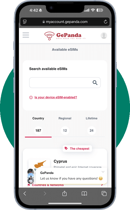 GePanda eSIM marketplace on iPhone showing available eSIM search, supported countries list, and device eSIM compatibility check.
