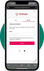 GePanda eSIM account signup page on iPhone showing create new account form with email field and Google login option.